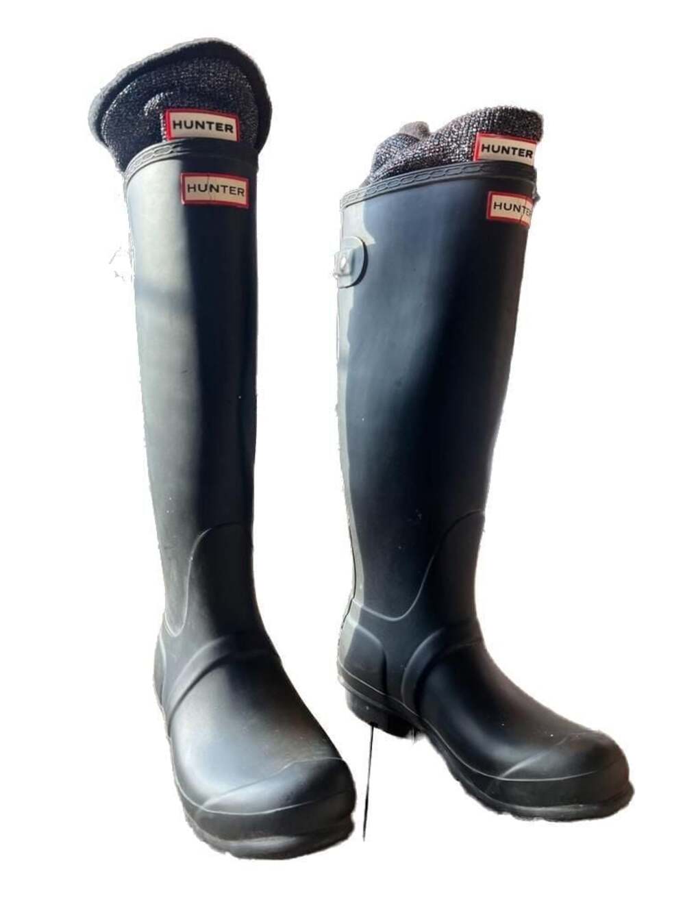 Hunter Original Tall Adjustable Back Rain Boots in Black Glitter Socks Size 8